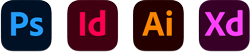 Die Icons von Adobe Photoshop, Adobe Illustrator, Adobe InDesign und Adobe XD